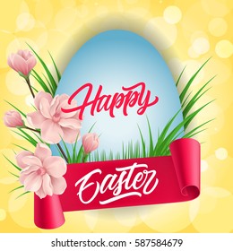 Happy Easter Lettering on Egg and Ribbon