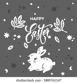 Fröhliche Osterschrift auf grauem Hintergrund mit weißen Buchstaben mit Kaninchen. Das Kaninchen schläft. Festliches Grußkartenposter.
