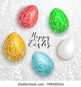 Happy easter lettering on gray background with branches decoration and realistic blue, red, yellow, white decorated eggs. Egg hunt card design, flyer,  poster, banner, voucher, web element.