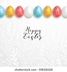 Happy easter lettering on gray background with branches decoration and row of realistic blue, red, yellow, white eggs. Egg hunt card design, flyer,  poster, banner, voucher, web element.