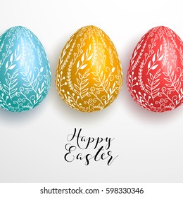 Happy easter lettering on gray background and row of realistic blue, red, yellow, white decorated eggs. Egg hunt card design, flyer,  poster, banner, voucher, web element.