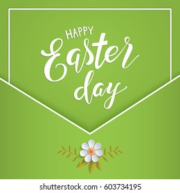 Happy Easter lettering on a green background. Beautiful backdrop with handwritten calligraphy and flower element. Easter greeting card. Vector illustration.