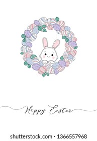 Happy Easter lettering  on Easter greeting card. Card with eggs and bunny.