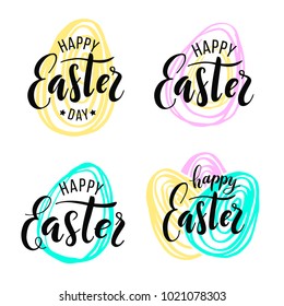 Happy Easter. Lettering on Hand drawn background. Vector illustration for greeting card