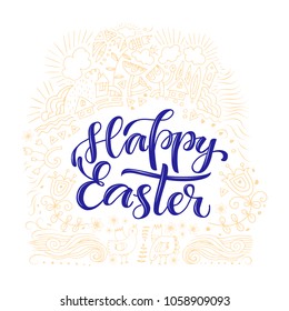 Happy Easter lettering on hand drawn spring background