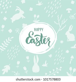 Happy Easter lettering on light green background with bunny silhouette and floral decorative elements. Vector illustration.