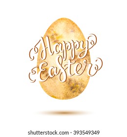 Happy Easter lettering on light yellow watercolor egg for greeting card, poster, banner, printing, mailing, flyer, web / vector illustration