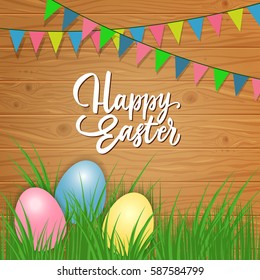 Happy Easter Lettering on Planks and Eggs