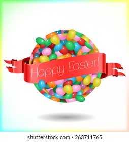 Happy Easter lettering on red banner with Jelly Bean round background