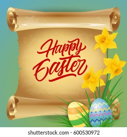 Happy Easter Lettering on Scroll, Jonquils