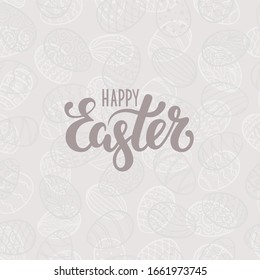 Happy Easter lettering on seamless background of doodle eggs. design for holiday greeting card, invitation, posters, banners of the happy Easter day.