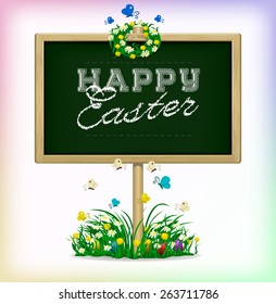 Happy Easter lettering on Spring chalkboard