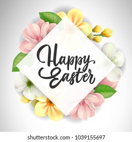 Happy Easter lettering on square. Easter greeting card with flowers. Handwritten text, calligraphy. For greeting cards, posters, leaflets and brochures.