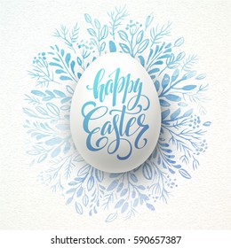 Happy Easter Lettering on the watercolor wreath with eggs hand drawn background. Vector illustration EPS10