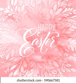 Happy Easter Lettering on the watercolor wreath with eggs hand drawn background. Vector illustration EPS10