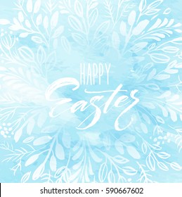 Happy Easter Lettering on the watercolor wreath with eggs hand drawn background. Vector illustration EPS10