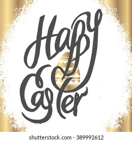 "Happy Easter" lettering on a white background with decorated easter egg on the center. Religious holiday square greeting card, background. EPS 10.
