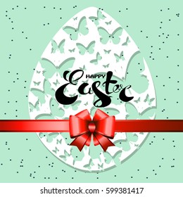 Happy Easter lettering on white background.Festive Easter egg with butterflies. Vector illustration