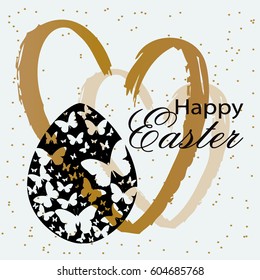 Happy Easter lettering on white background.Festive Easter egg with butterflies. Vector illustration