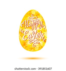Happy Easter lettering on yellow watercolor egg for greeting card, poster, banner, printing, mailing, vector illustration