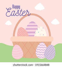happy easter lettering and one basket full of easter eggs vector illustration design