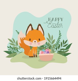 happy easter lettering with one cute fox and one basket full of easter eggs vector illustration design