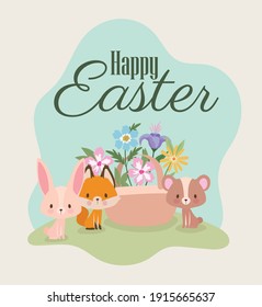 happy easter lettering with one cute pink bunny, fox, bear and one basket full of flowers vector illustration design