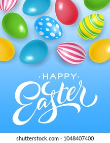 Happy Easter lettering with ornate eggs on blue background. Greeting card, postcard, invitation. Easter holiday concept. Can be used for posters, leaflets and brochure