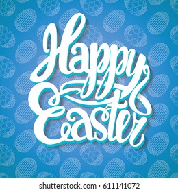 Happy easter lettering over blue background. Happy easter design elements. Hand drawn vector illustration