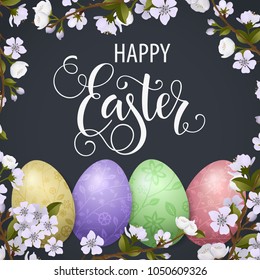 Happy Easter lettering, painted colorful eggs. Spring holidays, Easter background, blossom tree. Vector illustration EPS10.