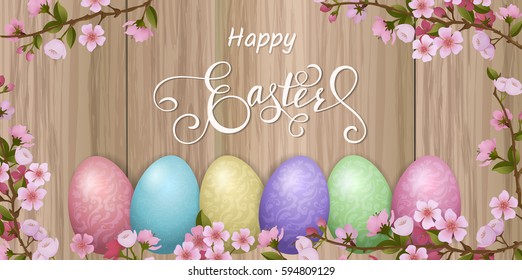 Happy Easter lettering, painted colorful eggs. Spring holidays, Easter background, blossom tree. Vector illustration EPS10.