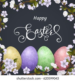 Happy Easter lettering, painted colorful eggs. Spring holidays, Easter background, blossom tree. Vector illustration EPS10.