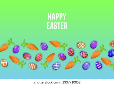 Happy Easter lettering with painted eggs and carrots pattern. Easter greeting card. Typed text, calligraphy. For leaflets, brochures, invitations, posters or banners.