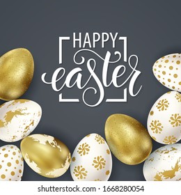 Happy Easter lettering, painted eggs. Spring holidays, Easter background. Vector illustration EPS10.
