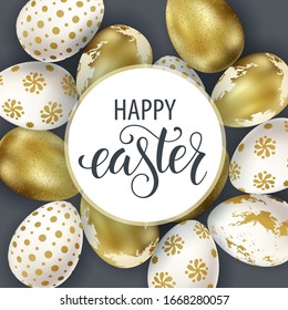 Happy Easter lettering, painted eggs. Spring holidays, Easter background. Vector illustration EPS10.
