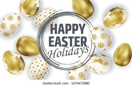 Happy Easter lettering, painted eggs. Spring holidays, Easter background. Vector illustration EPS10.