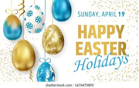 Felices letras de Pascua, huevos pintados. Vacaciones de primavera, antecedentes de Pascua. Imagen del vector EPS10.