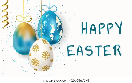 Happy Easter lettering, painted eggs. Spring holidays, Easter background. Vector illustration EPS10.