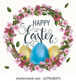 Happy Easter lettering, painted eggs. Spring holidays, Easter background. Vector illustration EPS10.
