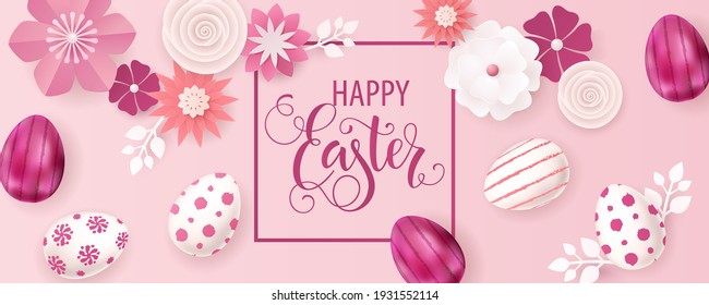 Happy Easter lettering, painted eggs. Spring holidays, Easter background. Vector illustration EPS10.
