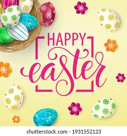 Happy Easter lettering, painted eggs. Spring holidays, Easter background. Vector illustration EPS10.