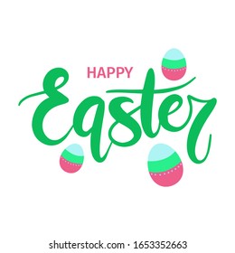 Happy Easter lettering phrase.  Design for greeting card, poster, banner. Vector illustration isolated on white background. Stock illustration.