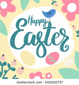 Happy Easter. Lettering phrase with flowers decoration. Design element for poster, card, banner. Vector illustration
