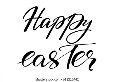 Happy easter lettering phrase text handwriting handwritten black text isolated on white background, vector. Each word is on the separate layer