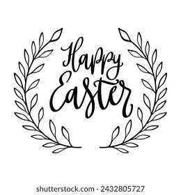 Happy Easter. Lettering phrase with wreath isolated on white background