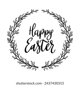 Happy Easter. Lettering phrase with wreath isolated on white background