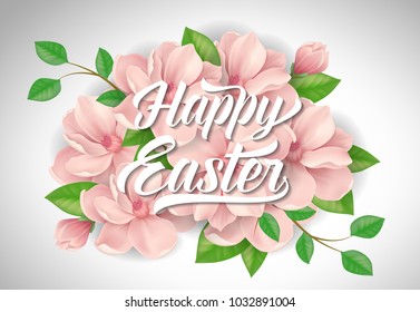 Happy Easter Lettering with Pink Blossoms