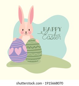 happy easter lettering and pink bonny with two easter eggs vector illustration design