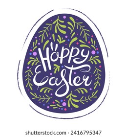 Happy Easter lettering postcard. Easter eggs in doodle style. Spring flower illustration. Greetings and presents for Easter Day. Perfect for a poster, cover, or postcard. Vector flat illustration.