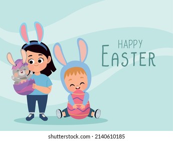 happy easter lettering postcard with kids